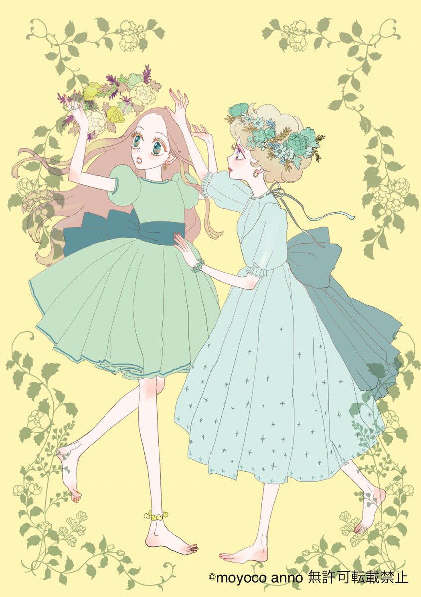 multiple girls 2girls dress barefoot head wreath long hair flower  illustration images