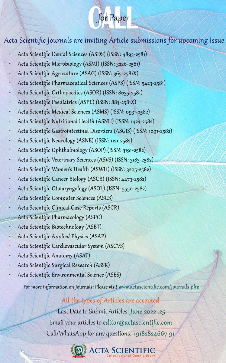 ScientificActa's tweet photo. 𝗖𝗮𝗹𝗹 𝗳𝗼𝗿 𝗣𝗮𝗽𝗲𝗿
Acta Scientific Journals are inviting Article submissions for upcoming Issue. 
All the types of Articles are accepted by June 25, 2022
Email your articles to editor@actascientific.com  
Any questions: +91 9182824667 
https://t.co/2aBBixU8XU https://t.co/yJxOqiInhs