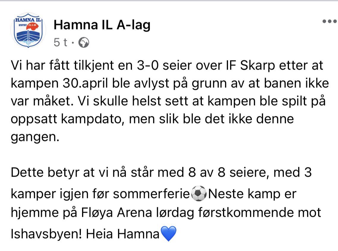 Hamna IL i 4. div Troms nektet å spille kamp til ny oppsatt dato, og fikk tilkjent seier istedenfor etter anke. En kamp i Nord-Norge som ikke blir spilt pga været benytter serielederen muligheten til å få en gratisseier mot laget de kjemper om opprykk mot. Pinlig.