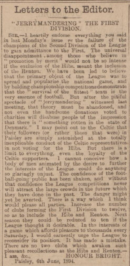 HibsOnThisDay's tweet photo. 📰Today in 1894, a letter published in the 𝘚𝘤𝘰𝘵𝘵𝘪𝘴𝘩 𝘙𝘦𝘧𝘦𝘳𝘦𝘦 makes claims of gerrymandering and calls for league reconstruction after Division Two champions Hibs failed to win promotion to Division One - with third-placed Clyde elected to the top flight instead. https://t.co/6RHME7Fn6j