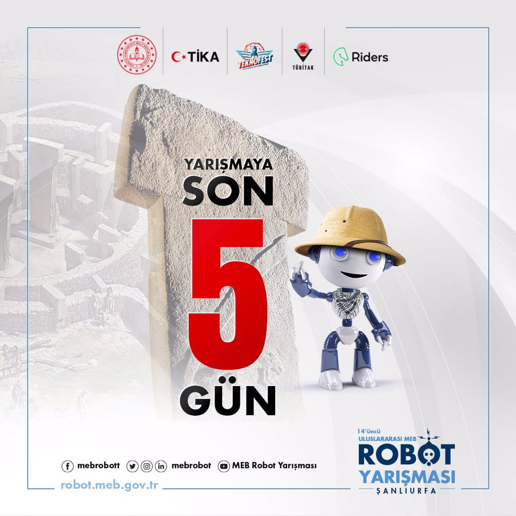 #MEBrobotyarışması | 🤖

⌛Yarışmaya son 5️⃣ gün. 

14. Uluslararası MEB Robot Yarışması, 13-16 Haziran tarihleri arasında Şanlıurfa GAP Arena Spor Salonunda. 🤖

 🌐 robot.meb.gov.tr
