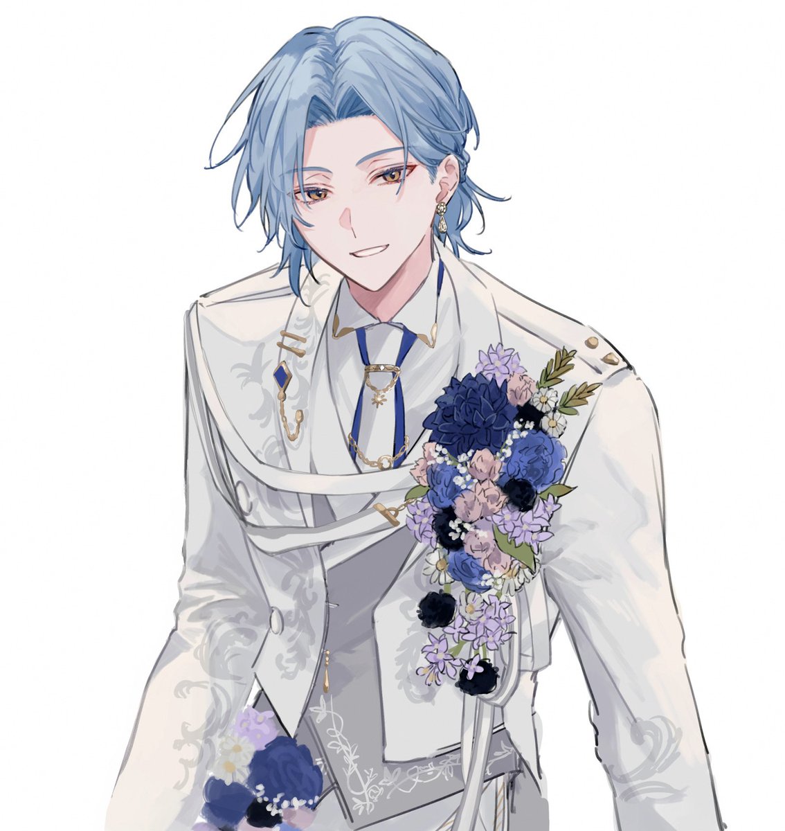 1boy male focus solo blue hair white background flower bouquet  illustration images