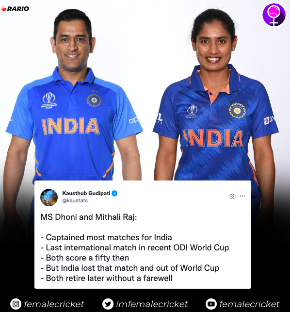imfemalecricket's tweet photo. 2 Legends of Indian Cricket - both retired without a farewell match 

#CricketTwitter #MithaliRaj #MSDhoni https://t.co/bzEeCCISOJ