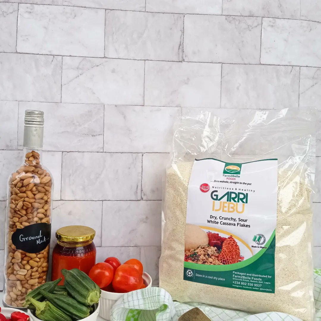 Farm2Belle's tweet photo. Hot afternoon? 

Pour some garri ijebu inside a bowl, add some ice cubes, and get your kuli kuli beside you.

O ti set! Just chill and enjoy your life.

We've got both garri and kuli kuli, top quality as always😇.

Slide into the dm.
#garriijebu
#kulikuli
#peanutbars
#cassava https://t.co/P9Fu3fkPGQ