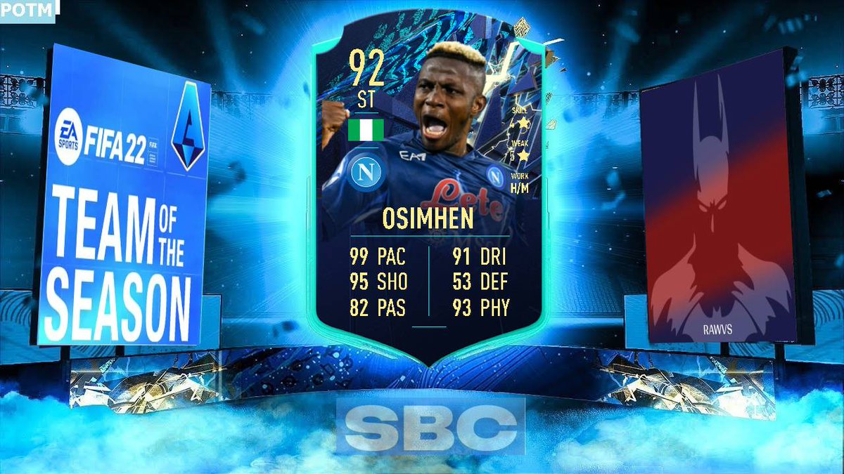 rawvsfifa's tweet photo. Osimhen will also have his Moments TOTS card. What a fun card this could be... Will you do it?
#rawvsfifa #no1detective #fifa #fifa22 #fut22 #fifabrasil #ultimateteam #fifasbc #totwprediction #fifatotw #weekendleague #futchampions #tots
#seriea https://t.co/tKZIGxYK1s