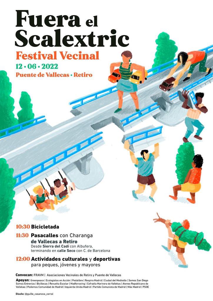 Las #AsociacionesVecinales de Puente de Vallecas y Retiro, con el apoyo de organizaciones ecologistas, sociales y políticas, os invitamos a una jornada de fiesta y reivindicación por el derribo del #scalextric que tendrá lugar el domingo #12J . Os esperamos!!!  #TiremosElPuente