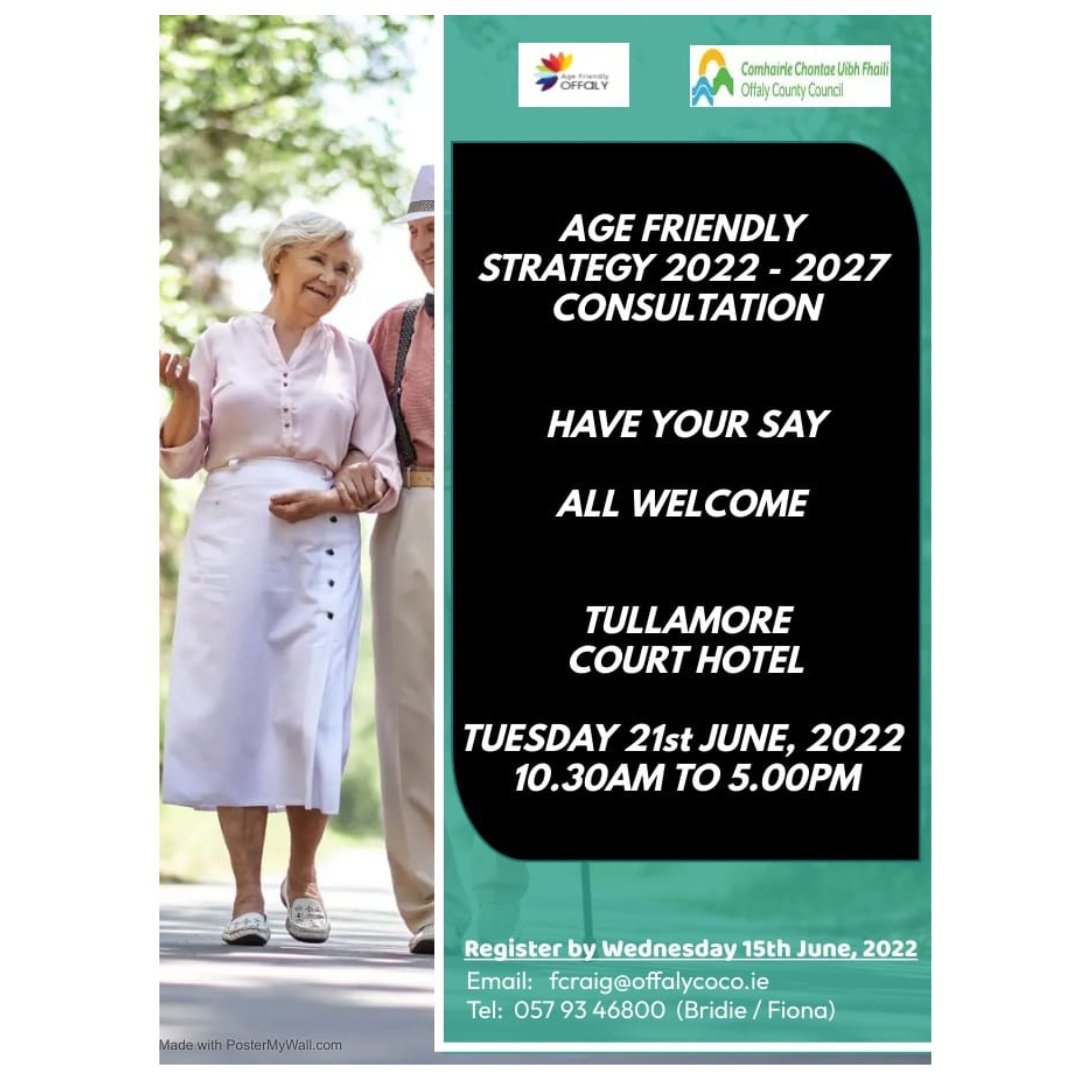 Have your say on the Offaly Age Friendly Strategy for 2022 - 2027
Register by Wednesday 15th June 2022
Email: fcraig@offalycoco.ie
Ph: 057 93 46800 (Bridie or Fiona)
#agefriendlyireland #agefriendlyoffaly #offaly #offalyexpress