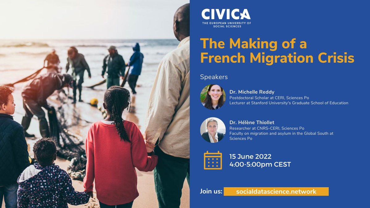 How did the narrative of a migration crisis emerge?

In the upcoming #CIVICADataScience spring seminar, Dr. @MichelleRdy & @helene_thiollet discuss the shaping of public opinion on immigration as a crisis

🗓️ 15 June, 4:00pm CET

Info & registration➡
socialdatascience.network/spring2022/ses…