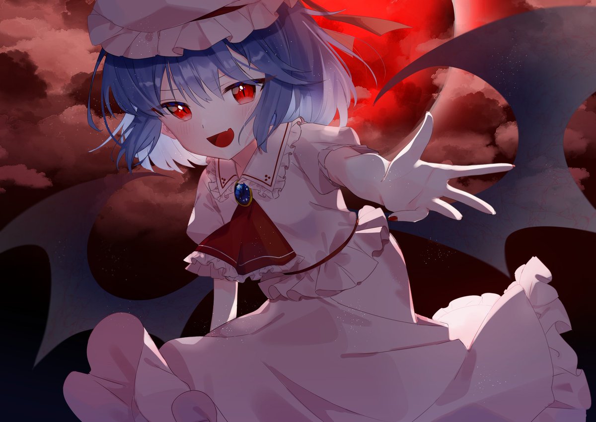 remilia scarlet 1girl solo wings red eyes hat bat wings open mouth  illustration images