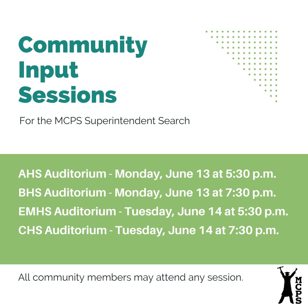 mcps_va's tweet photo. What are you looking for in the next superintendent? Join one of the four community input sessions next week to provide your feedback! All sessions are open to anyone who wants to join! https://t.co/Nx5oxJMzeP
