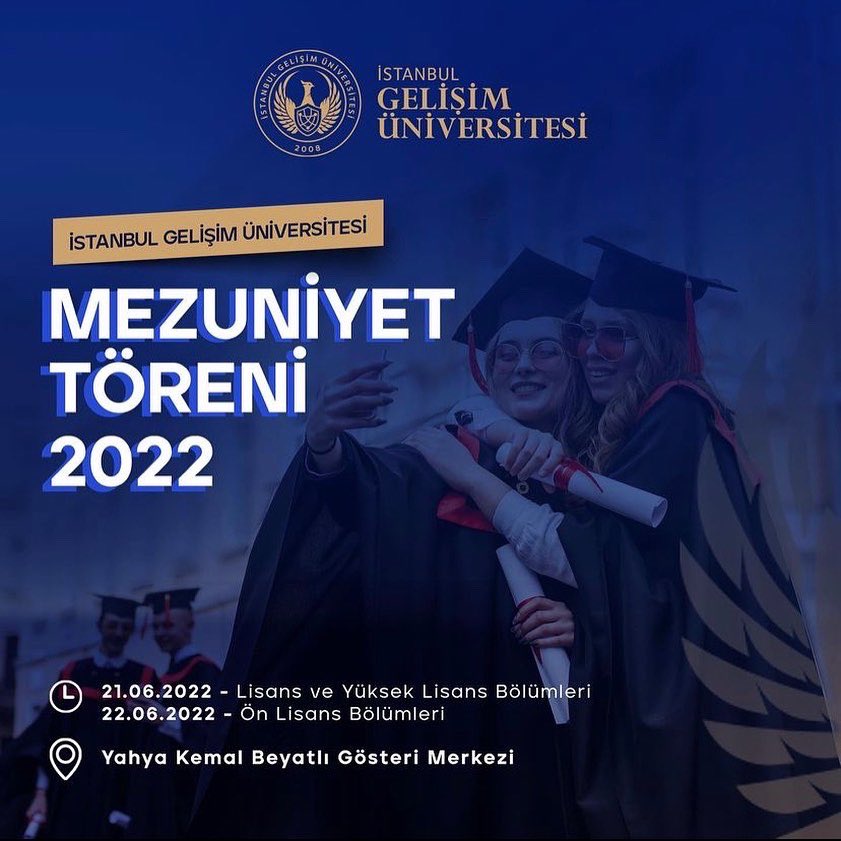 #İGÜ2022 Mezunları beklenen gün yaklaşıyor!🤩

21 - 22 Haziran’da Yahya Kemal Beyatlı Gösteri Merkezi’nde hep birlikte keplerimizi atacağız 🎓

Mezuniyet Programı ve detaylı bilgi için takipte kalın 🥳

#İGÜMezuniyet22 #İstanbulGelişimÜniversitesi