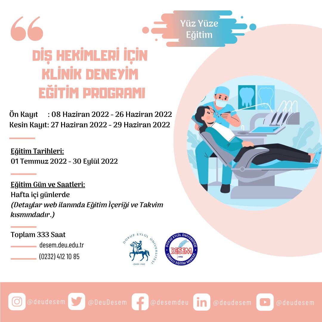 “Diş Hekimleri İçin Klinik Deneyim Eğitim Programımız” için ön kayıtlar bugün başlıyor 📝
• • •
Detaylı bilgi 🌍 desem.deu.edu.tr ☎️ (0232) 412 10 85
• • •
#deu #dishekimleri #klinik #deneyim #eğitim #program