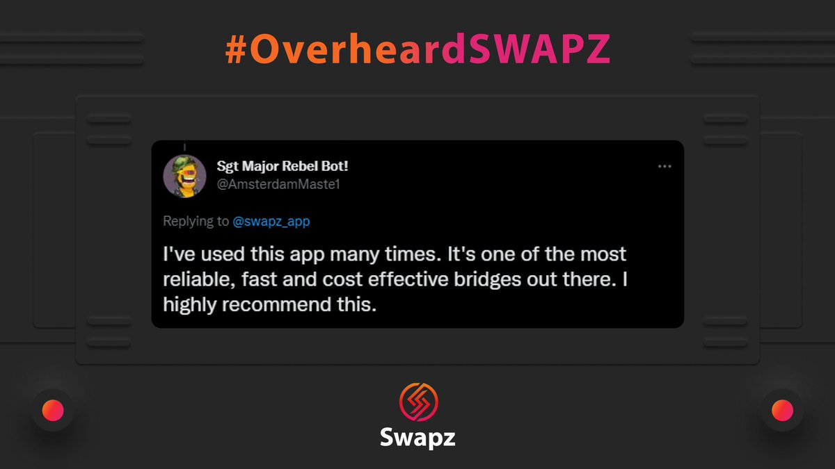 Swapz_app's tweet photo. πΊ Hello there, and welcome to SWAPZ! π This just in on #OverheardSWAPZ, the people can't get enough of https://t.co/4eZ2vDqrU9!
You heard it here first!
Now, you tell us what YOU think about our bridge. π Go!
$SWAPZ #CrossChain #SwapzNation https://t.co/dv0FkCJ4vp