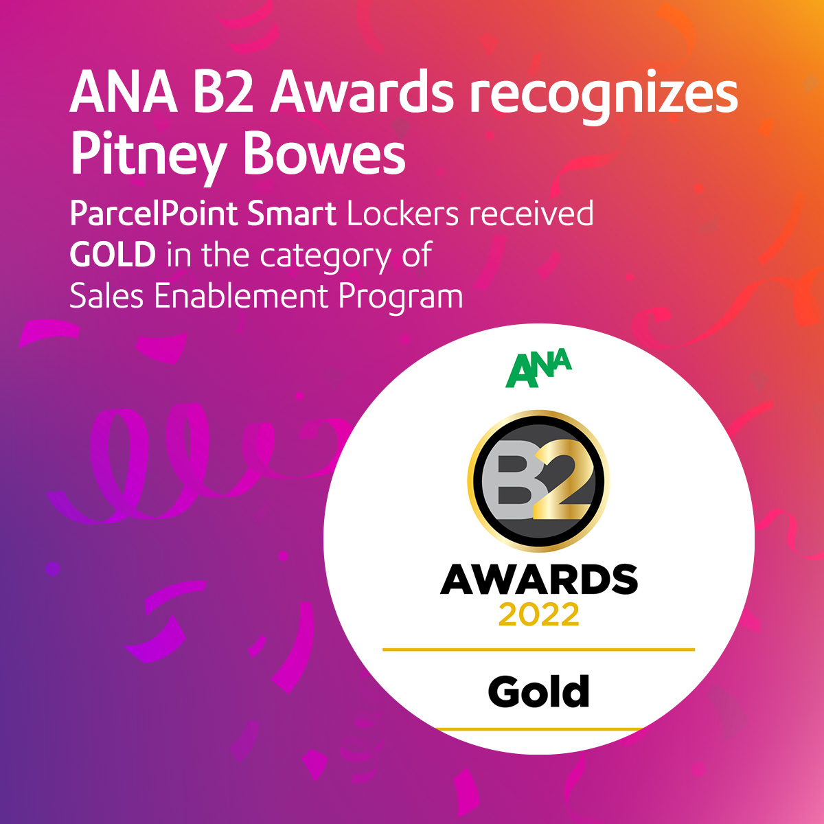 PitneyBowes's tweet photo. Pitney Bowes is pleased to announce our ParcelPoint Smart Lockers campaign was chosen as the 2022 #ANAB2 Gold Award winner in the sales enablement category. The ANA B2 Awards are the most prestigious awards program dedicated solely to B2B marketing & communications. https://t.co/OURhM5U1xv