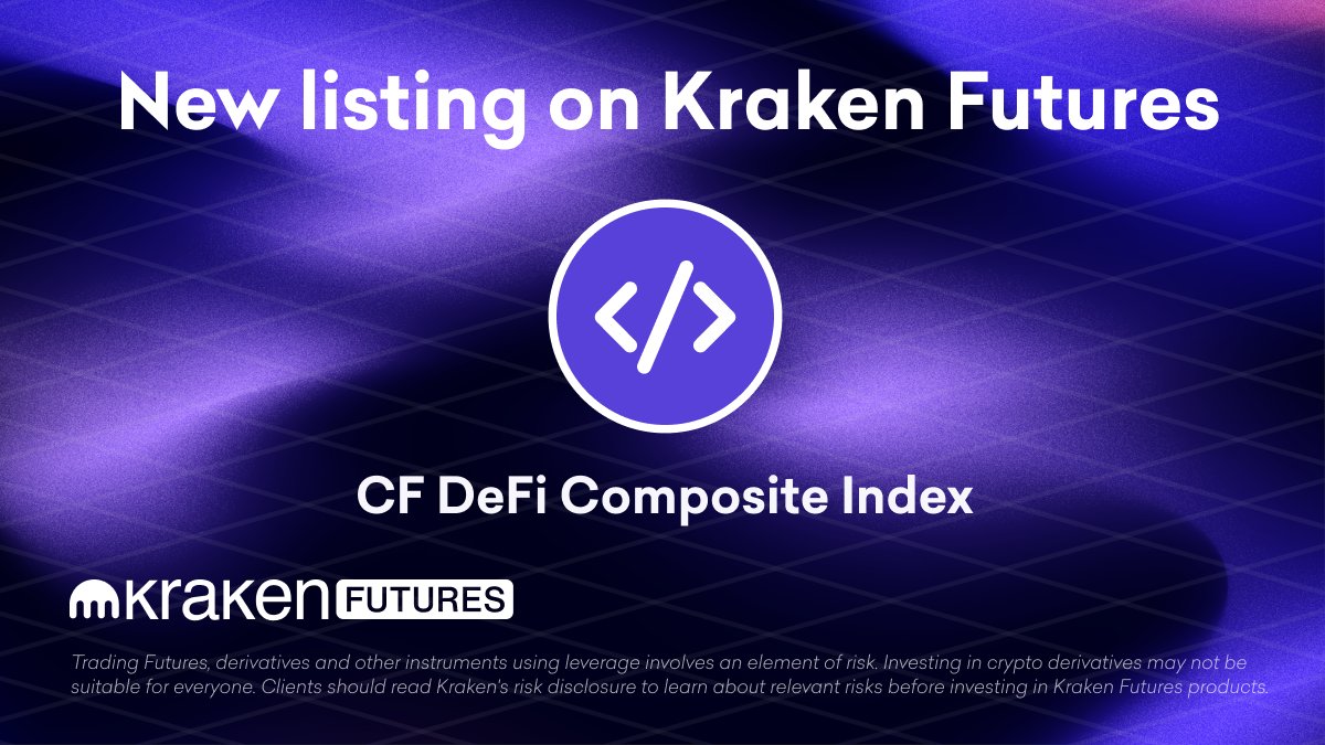 📣 New Kraken Futures listing: ✓ CF DeFi Composite Index Get exposure to a  basket of DeFi assets in one index without owning its underlying assets.  Transfer USD, USDC or USDT into