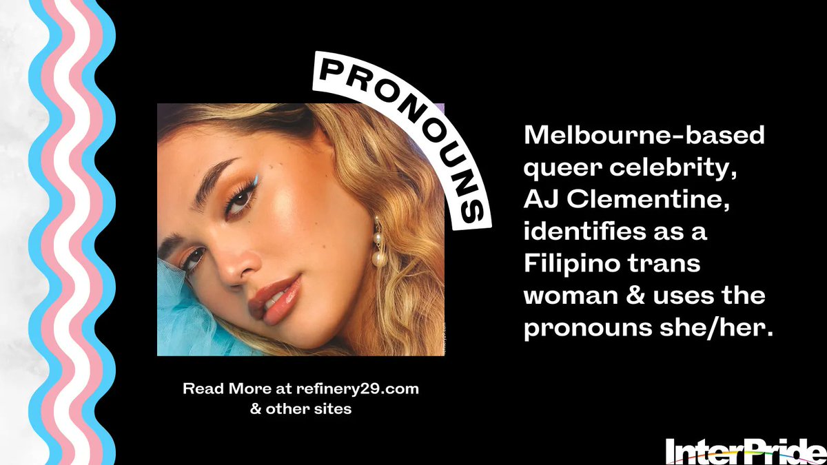 InterPride's tweet photo. Melbourne-based queer celebrity AJ Clementine identifies as a #Filipino #trans woman & uses the #pronouns she/her.
Read more:
https://t.co/PO08laqW4D
https://t.co/0vuLGmoqyZ
https://t.co/FCZJHNnYOm
#InterPride #Pride #LGBTQIA #LGBTQIAPlus #PrideMonth #HowToPride #Australia https://t.co/dIlfH5JBbN