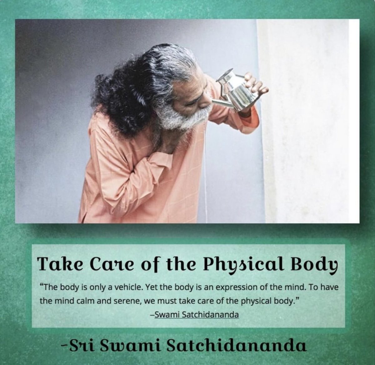 SAYVA's tweet photo. The body is only a vehicle. Yet the body is an expression of the mind. To have
the mind calm and serene, we must take care of the physical body.
-Swami Satchidananda https://t.co/Powaqwk9CR