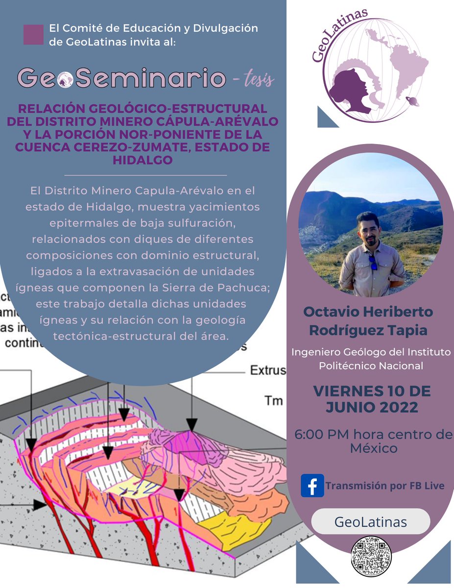GeoLatinas's tweet photo. Hola! Continuamos con la 3ra temporada de GeoSeminarios en español. En esta ocasión es el turno de un GeoSeminario-tesis a cargo del Ing. Geólogo, Octavio Rodríguez. Acompáñanos este viernes 10 de junio, 6 pm hora centro de México #GeoSeminarios https://t.co/yIUJ8mS33m