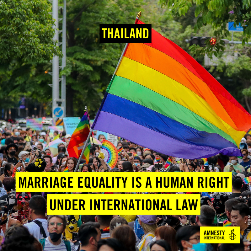 MsMingYu's tweet photo. On 5 June, the first official #BangkokPride parade in 16 years celebrated the diversity of the LGBTQI+ community. But #Thailand's LGBTQI+ people still don't have the right to marry their same sex partner.

@pr_moj: Marriage equality is a human right under international law. https://t.co/f1U7HpRrTT