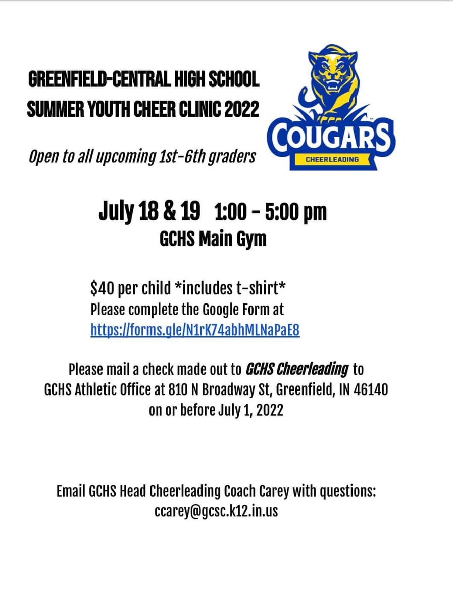 We want to see your little cheerleaders at clinic this summer. Register today at forms.gle/N1rK74abhMLNaP…