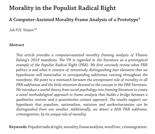 PolLowCountries's tweet photo. Job P.H. Vossen @JobVossen introduces a theory of morality and links it with a social constructivist framing approach to then carry out a computer-assisted morality framing analysis of Vlaams Belang's 2019 manifesto.  https://t.co/PCyASMPrnE https://t.co/w1zveKEnYQ