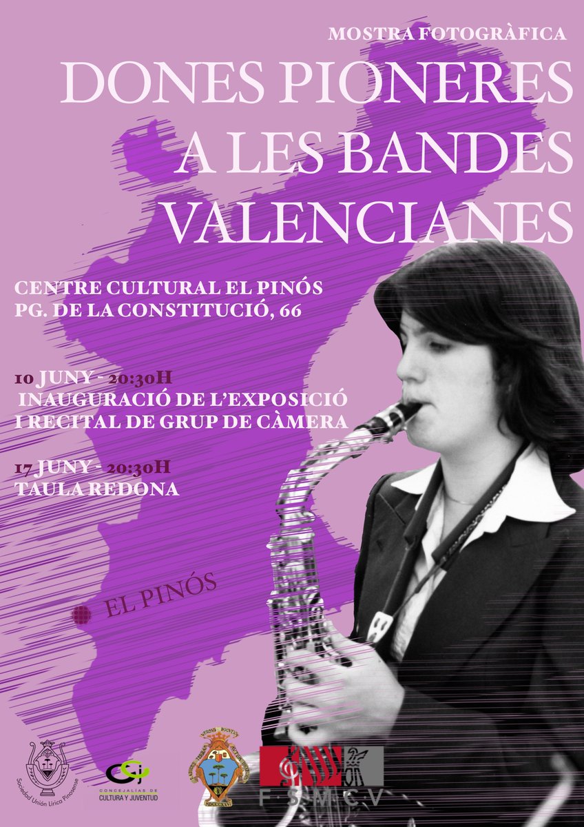 🔊 DONES PIONERES A LES BANDES VALENCIANES 
✅ Este divendres 10 de juny a les 20:30 hores tens una cita al Centre Cultural El Pinós,  tindrà lloc la inauguració de l'exposició i concert i recital del grup de càmera de la Unió Lírica Pinosense amb la direcció de Laura Esclapés.