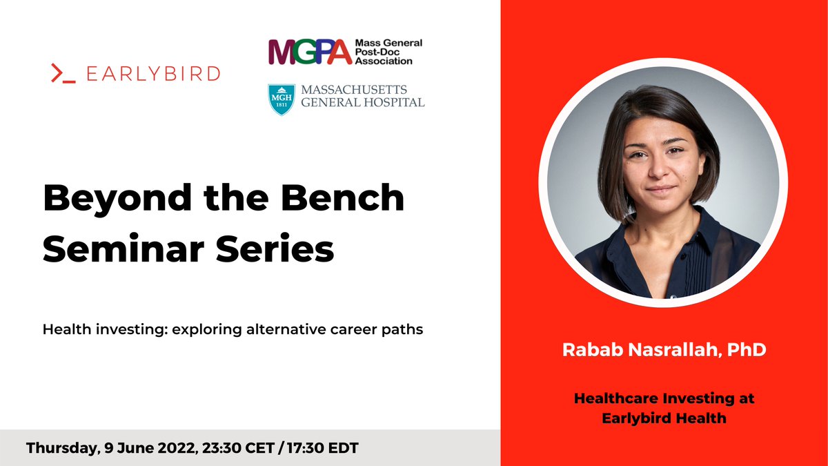 EarlybirdVC's tweet photo. 📣 Beyond the Bench Seminar by @MGPA &amp; @harvardmed’s @MassGeneralNews is your #chance to discover #opportunities #beyondacademia.

Join #healthcare #investing experts incl @NasrallahRabab of Earlybird Health

📍Thurs, 9 June 11:30pm CET/ 5:30pm EDT
👉🏽 Zoom https://t.co/xUj6WIfnv0 https://t.co/XNgmg8sfN2