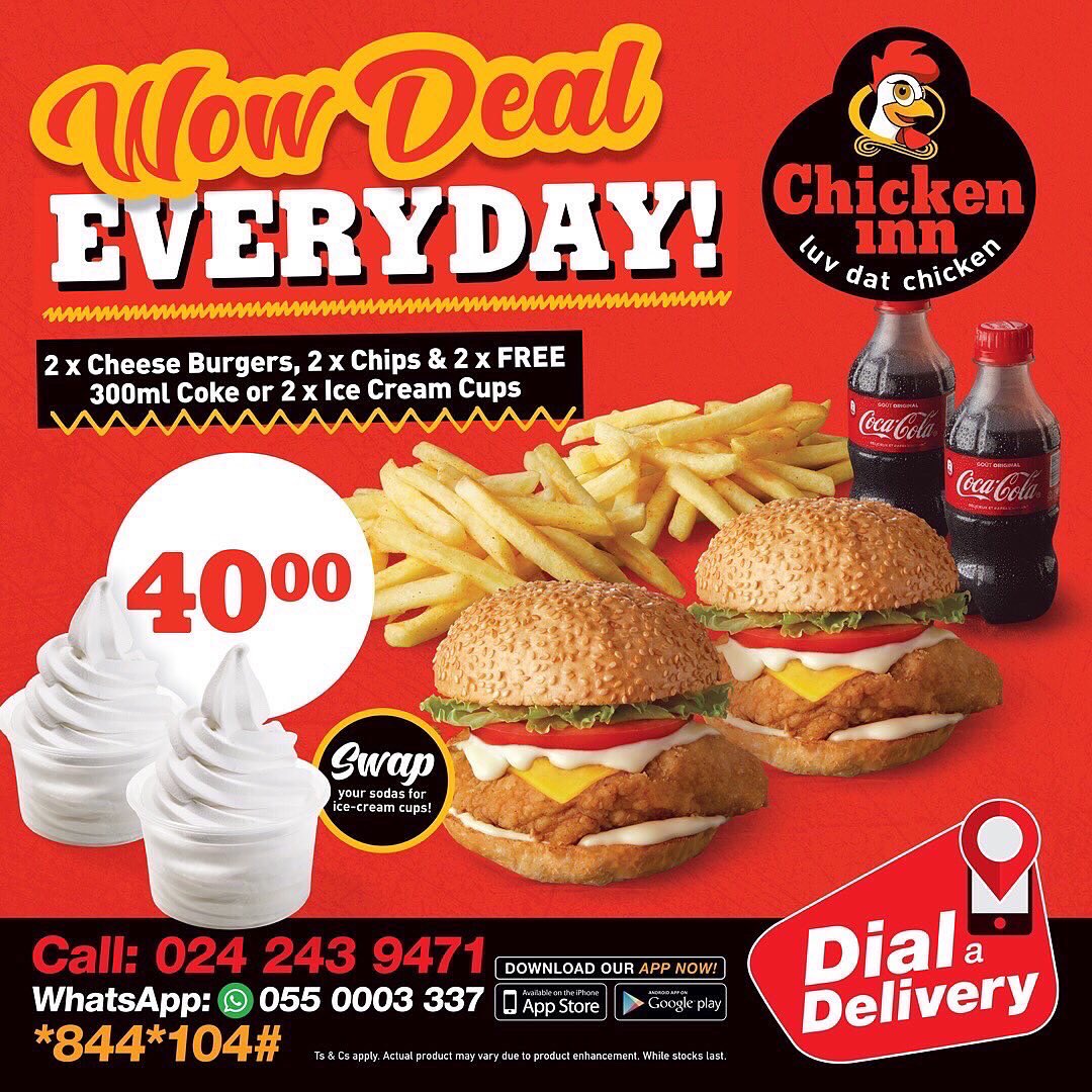 chickeninngh's tweet photo. On Wednesdays, we go loud with our WoW Deal.
Grab a WoW deal today for only GHS40.00 - 2 chicken cheeseburgers, 2 Reg. fries and ice cream cups/American Cola.
#WowDeal
#ChickenInnGh
#LuvDatChicken https://t.co/1rjuOS89NH
