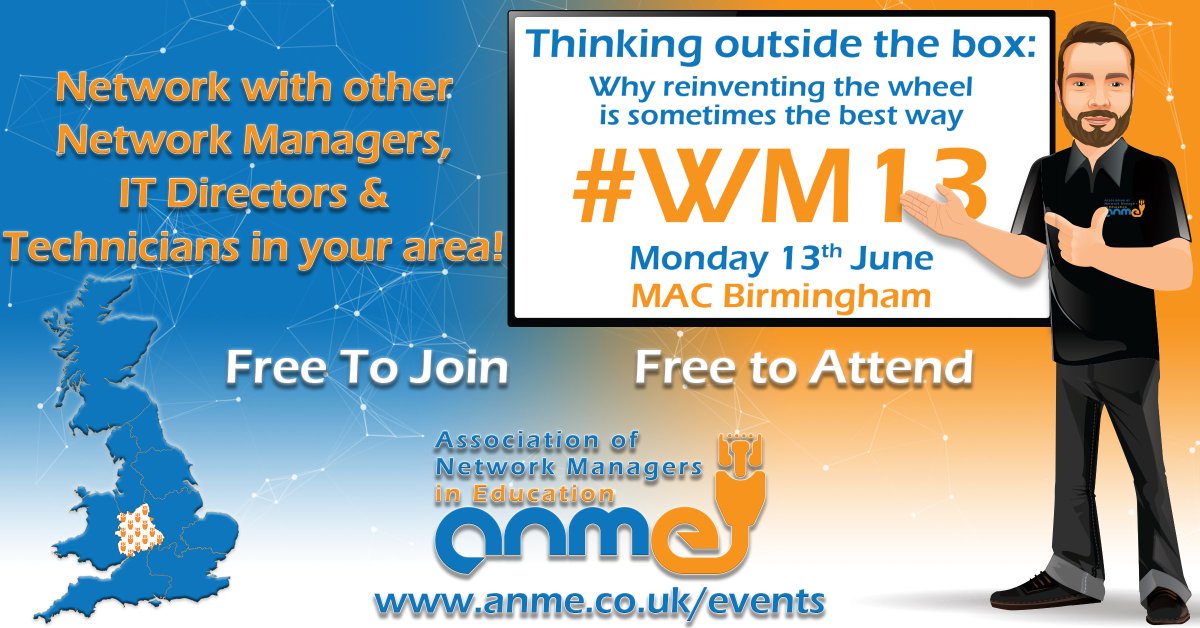 TheANME's tweet photo. Places still available for #WM13 where #ANME Ambassador @Mr_j_marshall will be leading a session on Thinking outside the box: Why reinventing the wheel is sometimes the best way... https://t.co/Ig4YMywj5A #edtech #networking https://t.co/1xNifCKY2G