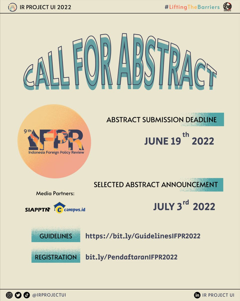ir_corner's tweet photo. [EVENT]
[SUBMISSION DEADLINE EXTENDED!]

Greetings, Visionaries!
Sending forth a piece of delightful news to all of you, we have decided to extend our deadline for the 9th Indonesia Foreign Policy Review until June 19th, 2022. https://t.co/9rV0WBiyPL