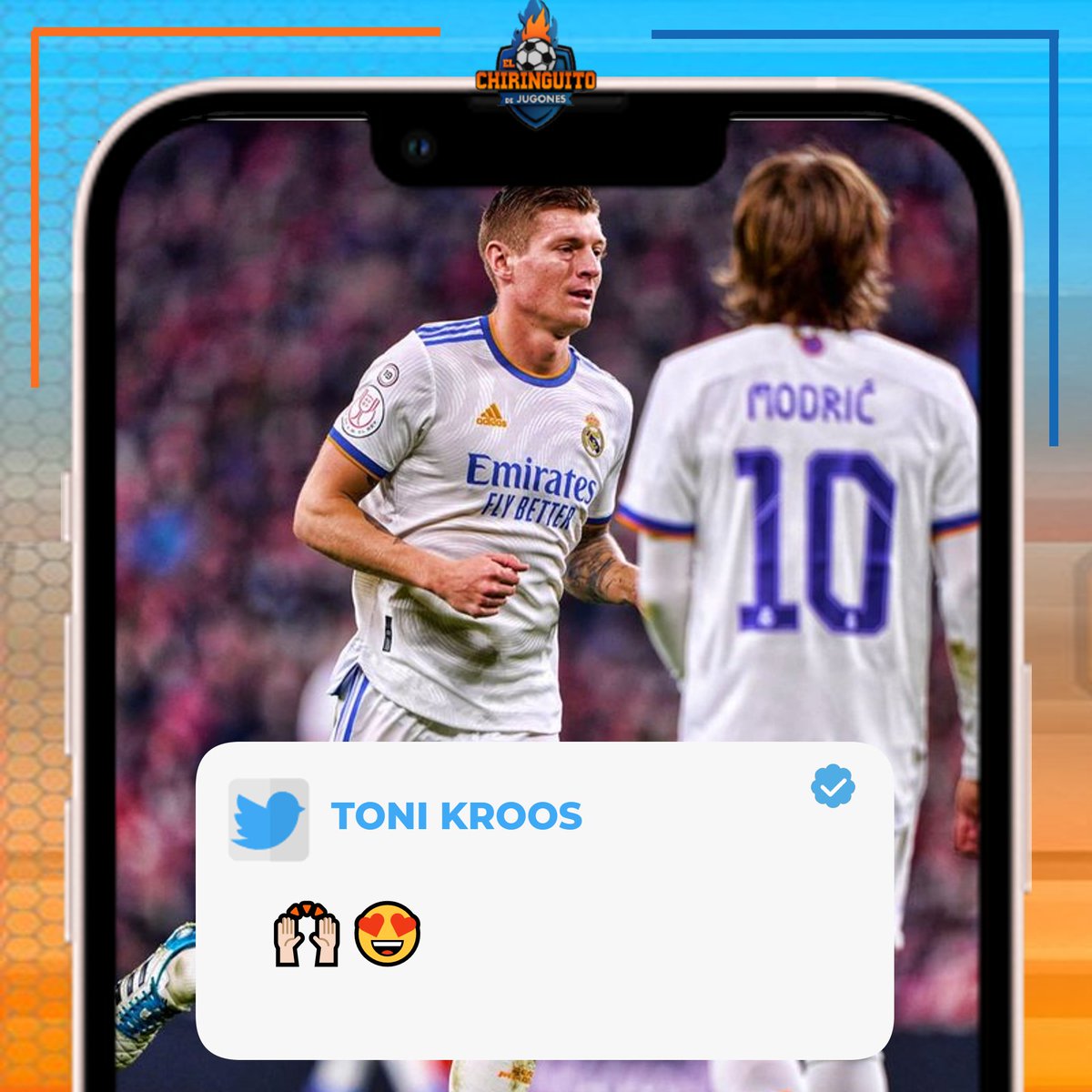 elchiringuitotv's tweet photo. 📱La REACCIÓN de KROOS a la RENOVACIÓN de MODRIC

😍Nosotros estamos igual, @ToniKroos. 

⏰¡Nos vemos a las 15:10h en #JUGONES!⏰ https://t.co/iS5ZqAzzdM
