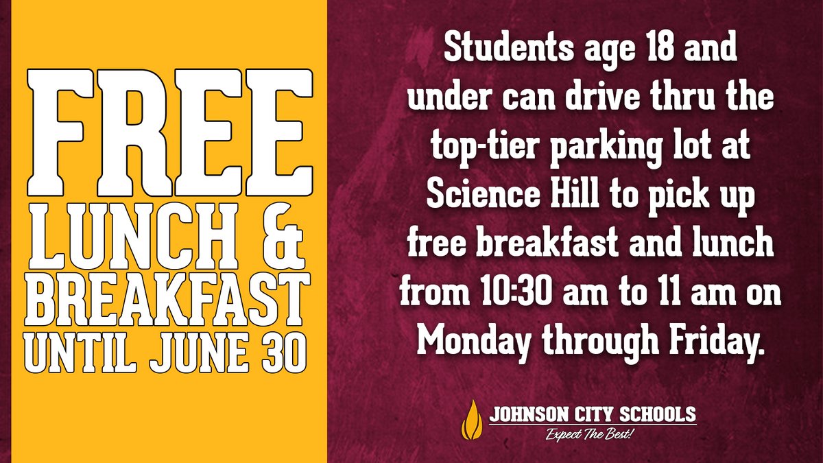 PLEASE SHARE

Students age 18 and under are able to drive thru the top-tier parking lot at Science Hill to pick up free breakfast and lunch from 10:30 am to 11 am on Monday through Friday. If you have any questions, please contact 423-232-2199.

#WeAreAllToppers