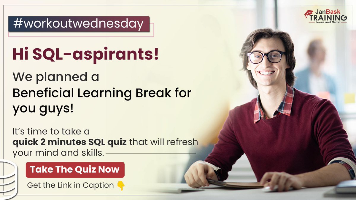 janbasktraining's tweet image. #workoutwednesday
Here’s Your Quiz Portal💪>>>> bit.ly/3GQvL8T
Did you find the brain-refreshing quiz interesting?
If you have enjoyed it, do come back for more such engaging quizzes and invite your friends who are prepping for the same. 👍
#mysql #sqlprogrammer