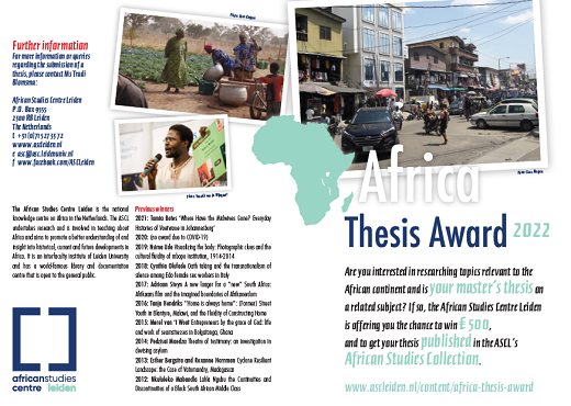 ASCLeiden's tweet image. 1/2 Gaat je #masterscriptie over Afrika? Stuur hem uiterlijk 31 augustus in voor de Africa Thesis Award! Studenten die aan een universiteit in Nederland of Afrika zijn afgestudeerd, kunnen meedingen. Lees hier hoe ➡️ ascleiden.nl/content/africa…
#scriptieprijs #masterstudent