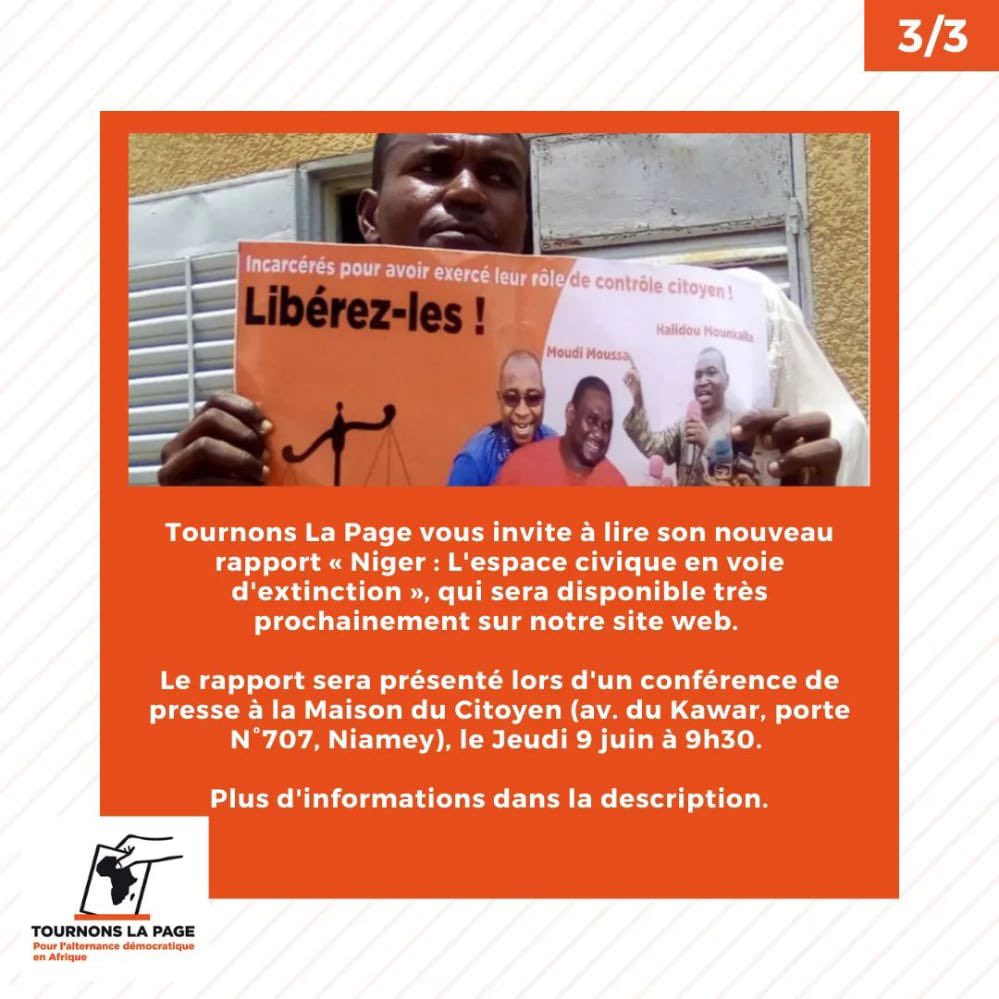 #SaveTheDate Présentation du nouveau rapport de #TLP #Niger: L'espace civique en voie d'extinction
On vous attend nombreux le jeudi 9 juin à la Maison du Citoyen (av. du Kawar, porte N°707) #Niamey à partir de 9h30 <a href="/bougeangard/">Maikoul Zodi</a> <a href="/Africa_In_FR/">Africa Intelligence</a> <a href="/jeune_afrique/">Jeune Afrique</a> <a href="/mohamedbazoum/">Mohamed Bazoum</a>