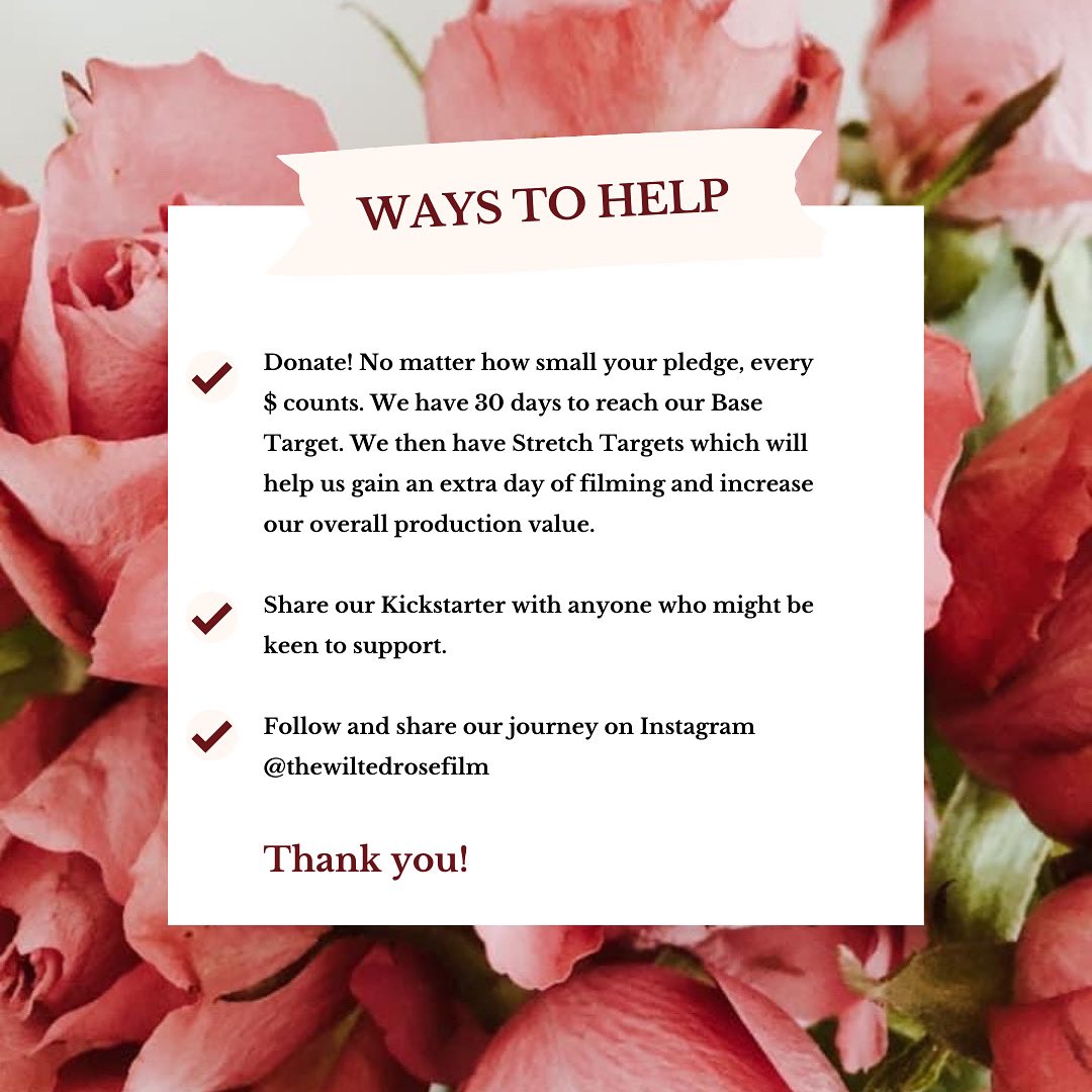 Ways you can help us make our film … 🎬

THE WILTED ROSE a social impact film to help raise awareness for DV in partnership with <a href="/centreforwomen_/">The Centre For Women & Co.</a> 

#thewiltedrosefilm <a href="/The_RoaringOnes/">The Roaring Ones</a> 

kickstarter.com/projects/thewi…