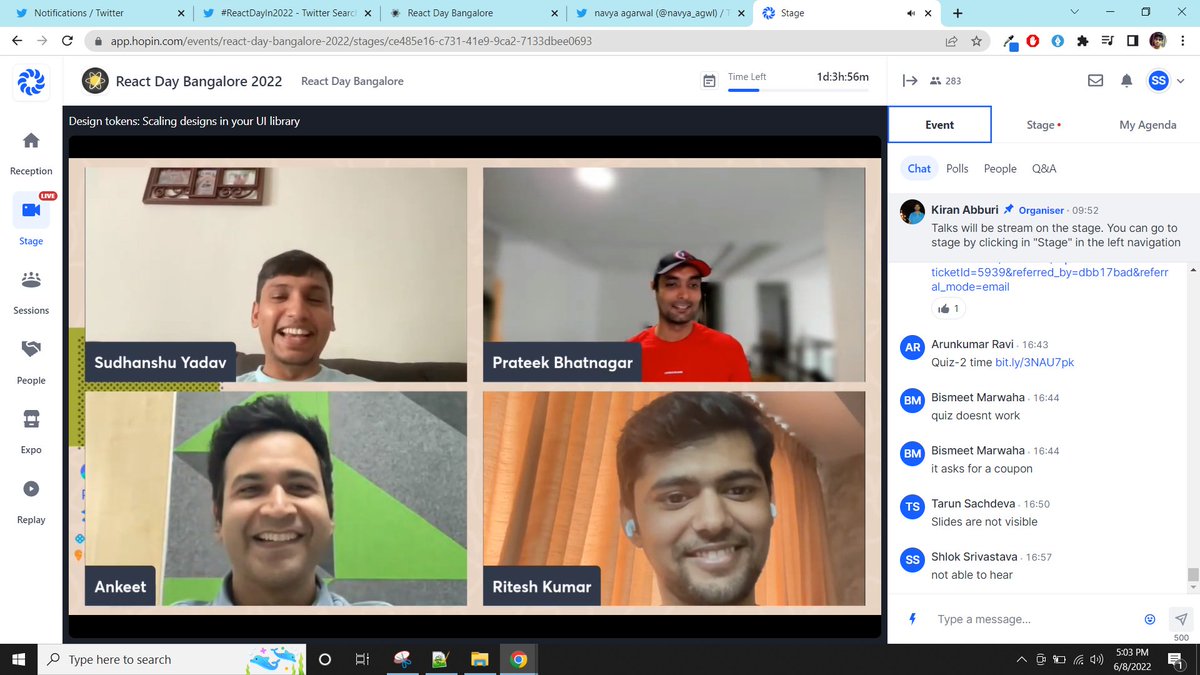 shloksri's tweet image. What a great way to end the first day of #ReactDayIn2022 . Thank you for @_syadav , @_prateekbh, @ankeetmaini, @ritz078 for sharing your knowledge with us! Thank you @ReactDayIn for organizing this event. Looking forward to day 2.
#TIL #FUN #ReactJS #learning