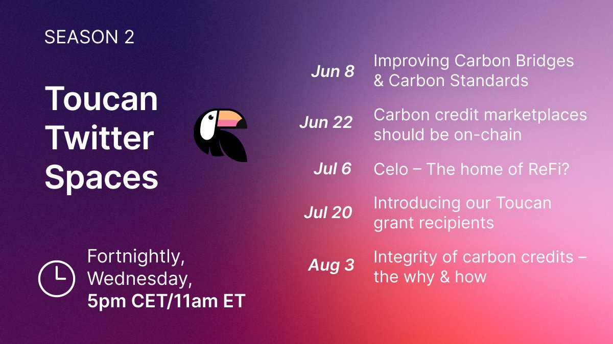ToucanProtocol's tweet photo. Toucan Twitter Spaces - SEASON 2 

We chat with the innovators, builders and stakeholders working on improving carbon markets and carbon standards to heal the Earth 🌏🩹 

Here’s what we will cover in the next five spaces 🧵 
(links to spaces/recordings will be added as comments) https://t.co/rNXzPdDiPZ