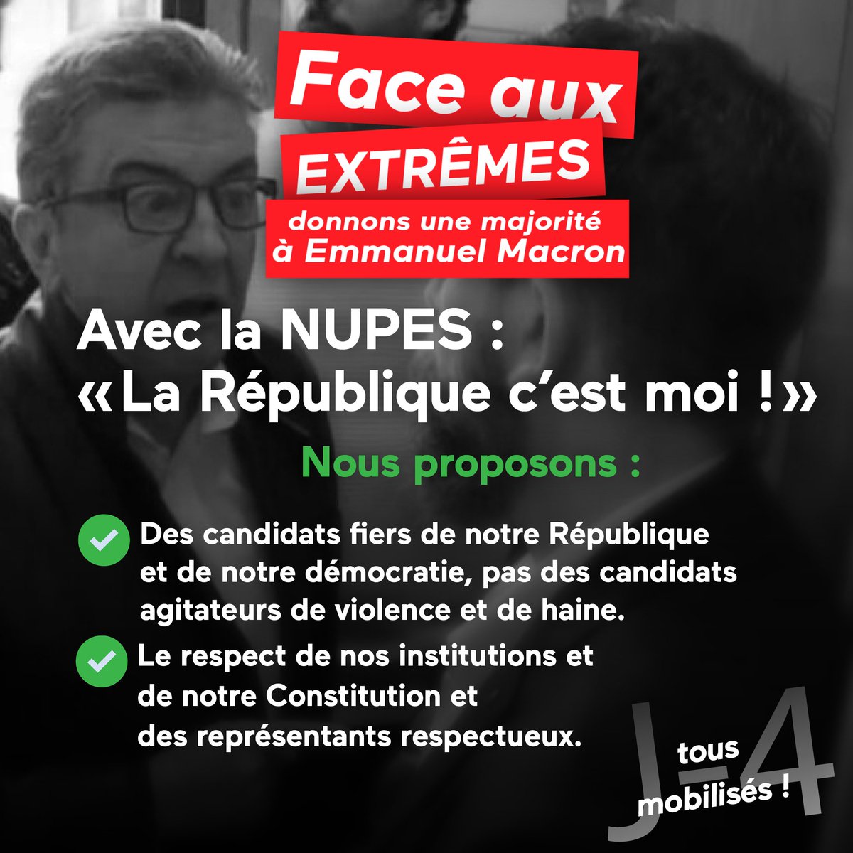 J-4. La République est notre boussole, son respect notre projet. Dimanche, choisissez un candidat qui en est fier. #EnsembleFaceAuxExtrêmes