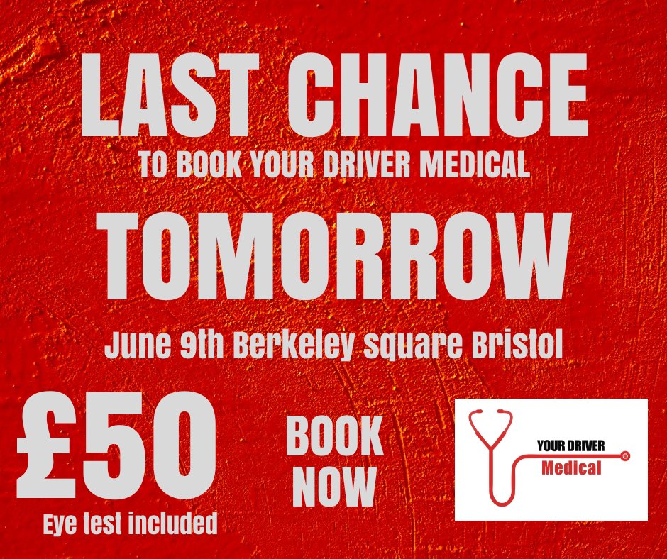 Last chance to book your #dvla #Driver medical for #hgv #taxi and #bus in #BristolCity centre tomorrow. A couple of appointments left so book now. yourdrivermedical.co.uk