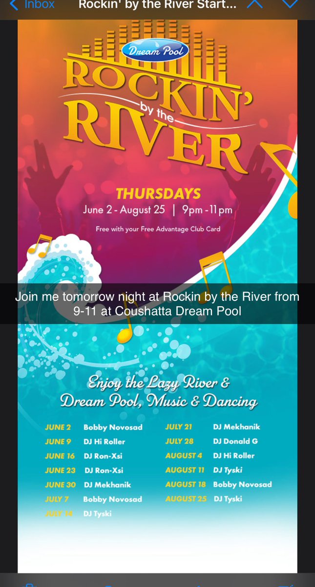 Tomorrow night it’s going down at Coushatta Dream Pool!!  Join me as I take you on a musical journey at Rockin by the River!!! This is a free show!!! #ThirstyThursday #RollaInDaMix