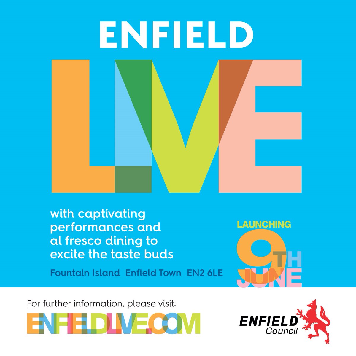 EnfieldCouncil's tweet photo. Don't forget #EnfieldLive launches tomorrow in the centre of #Enfield Town. A programme of free, live performances to herald in the summer, support businesses and show off our amazing local talent. Join us from 12pm tomorrow
at the Fountain Island stage. #EnjoyEnfield https://t.co/T6X8g93Wlu