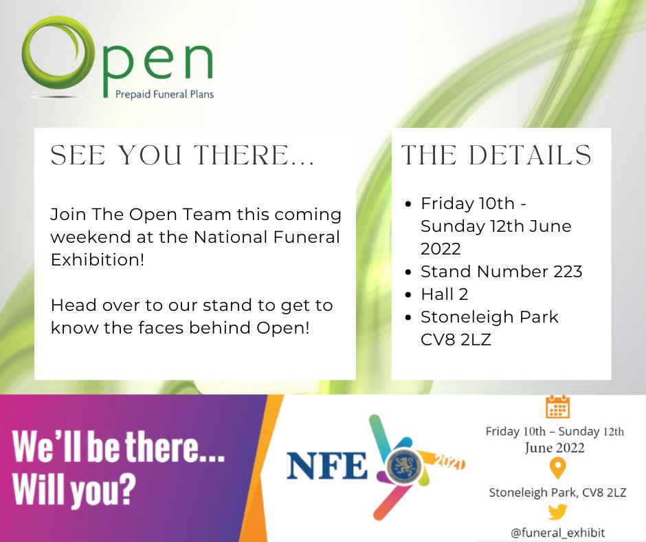 Join The Open Team this coming weekend at the National Funeral Exhibition!

Head over to our stand to get to know the faces behind Open!

#openbynameopenbynature