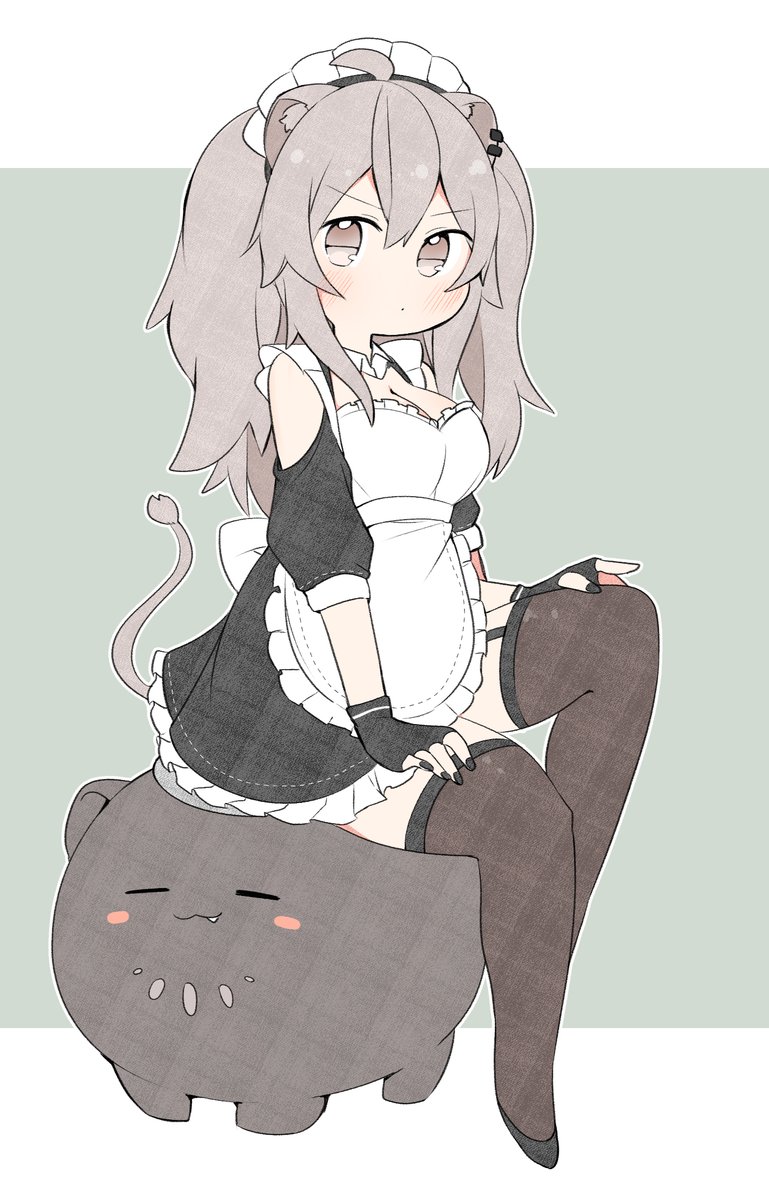 shishiro botan 1girl animal ears tail thighhighs grey hair lion ears maid  illustration images