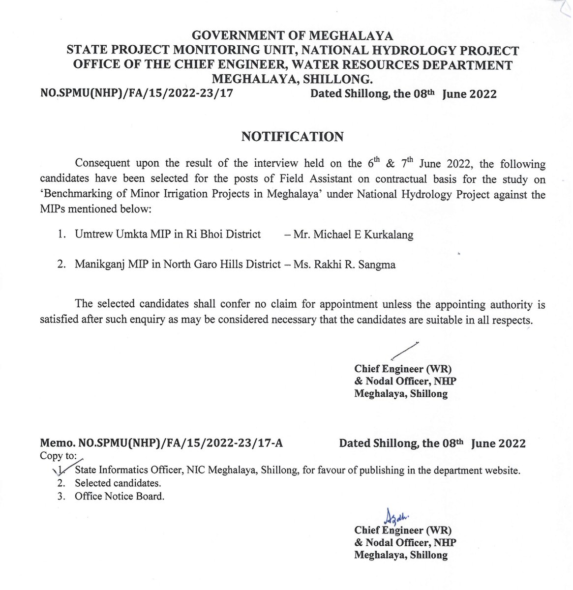 MeghalayaGov's tweet image. Result of the interview for the post of #FieldAssistant on a contractual basis for the study on &apos;Benchmarking of Minor Irrigation Projects in Meghalaya held on 6th &amp;amp; 7th June, 2022