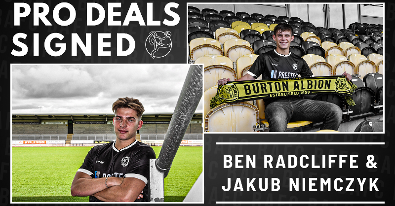 burtonalbionfc's tweet photo. ✍️ Congratulations to @BAFCAcademy graduates @benradcliffe03 and Jakub Niemczyk, who today signed their first professional deals with Burton Albion Football Club! 💛🖤

Read more from @jf9hasselbaink &amp; @dannyboyr4 here and hear from Ben &amp; Kuba in the coming days!

#BAFC

👇👇👇
