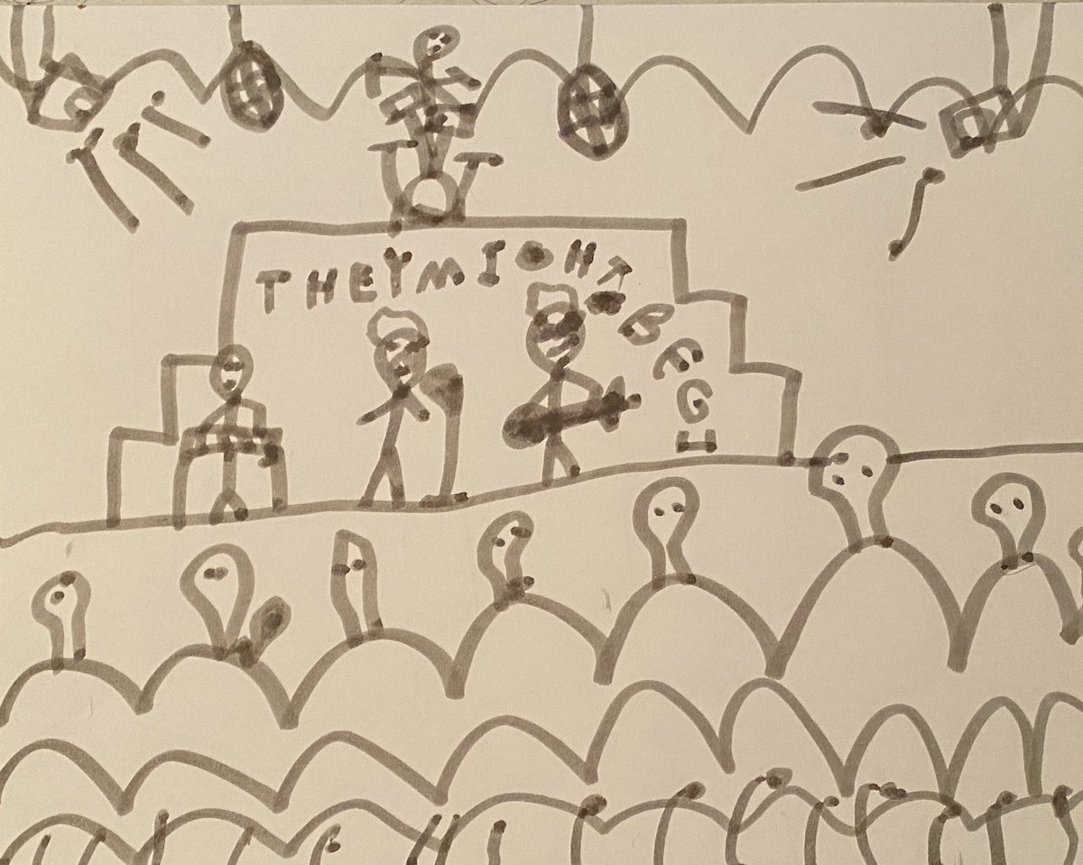 MrsAmberWahl's tweet photo. @tmbg My 5 year old drew a picture yesterday of the tmbg show he claims he’s going to today, so I guess this is of tonight’s show. https://t.co/DfrsMgzeXp