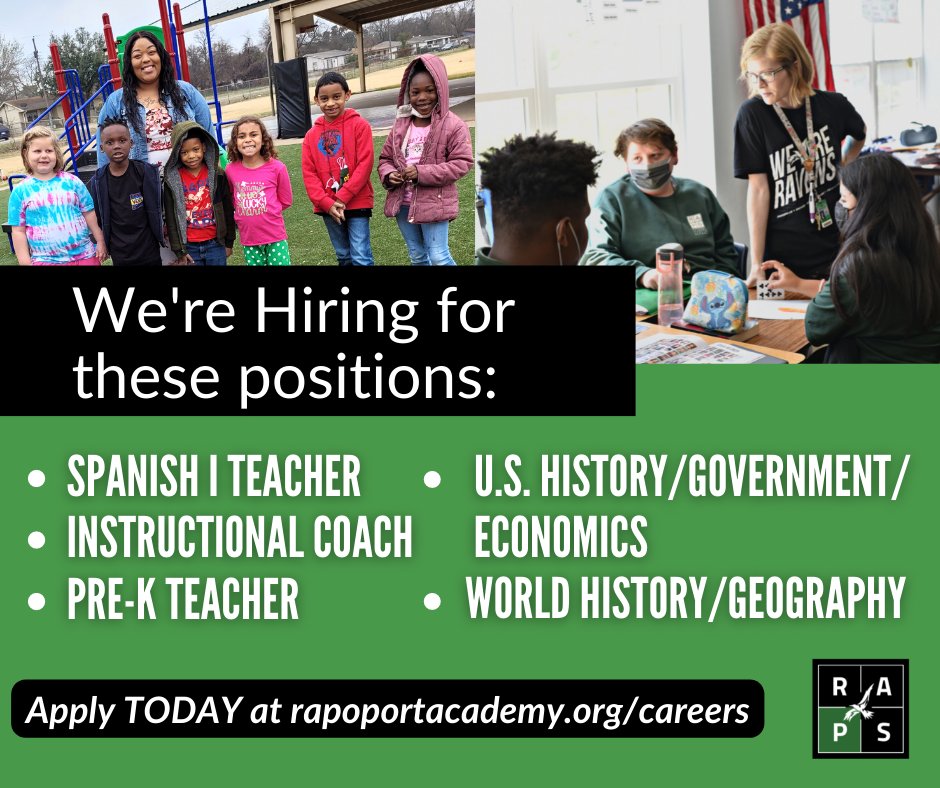 RapoportAcademy's tweet image. We still have some key job openings on our team for the 2022-23 school year! 

▶️Spanish I Teacher
▶️Instructional Coach
▶️Pre-K Teacher
▶️U.S. History/Government/ Economics Teacher
▶️World History/Geography Teacher

Learn more &amp;amp; apply at ecs.page.link/B4P1B . #WorkatRAPS