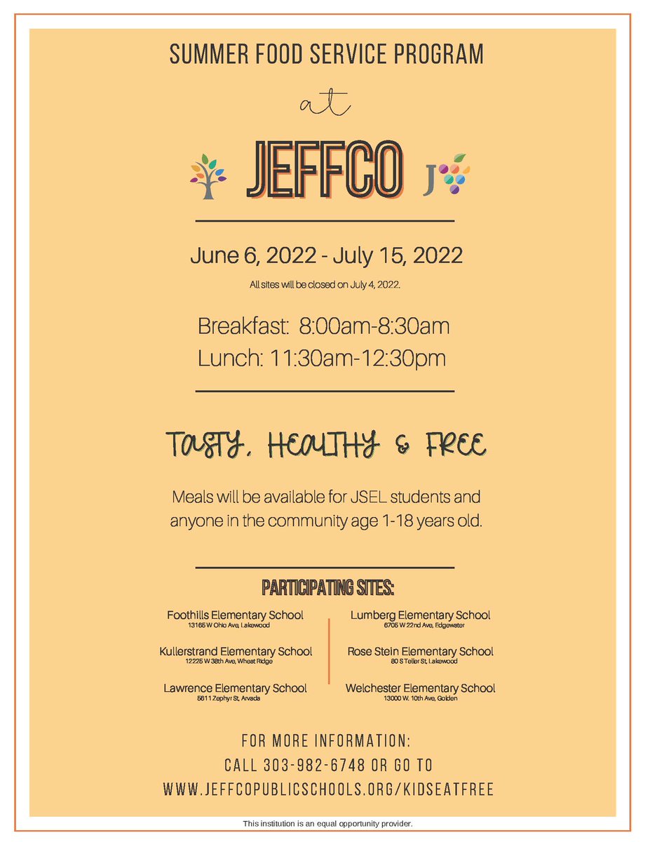Our summer meals for kids ages 1-18 are available from through July 15 (no meal service on July 4), including breakfast from 8:00 a.m. - 8:30 a.m. and lunch served from 11:30 a.m. - 12:30 p.m. at the following school sites: