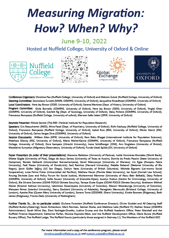 ASAmigration's tweet photo. 📢 📢📢"Measuring Migration: How? When? Why?"
June 9-10, For more information and a copy of the conference program, email
christina.pao@nuffield.ox.ac.uk and maksim.zubok@nuffield.ox.ac.uk
 @NuffieldCollege @MigMobNetwork  @UniofOxford https://t.co/H8lhuVEYlo
